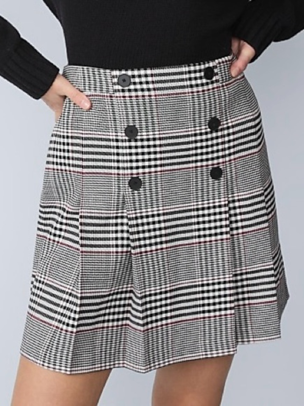 Ann Taylor Plaid Pleated Skirt Size 10 Black White Burgundy Career Chic